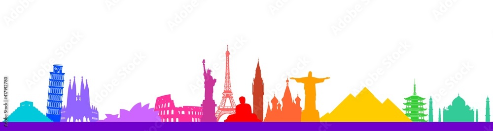 The world's wonderful artifacts and travel tourism. Colorful vector silhouettes.