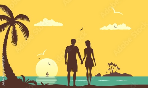 The couple on vacation in summer tropical ocean sunrise	