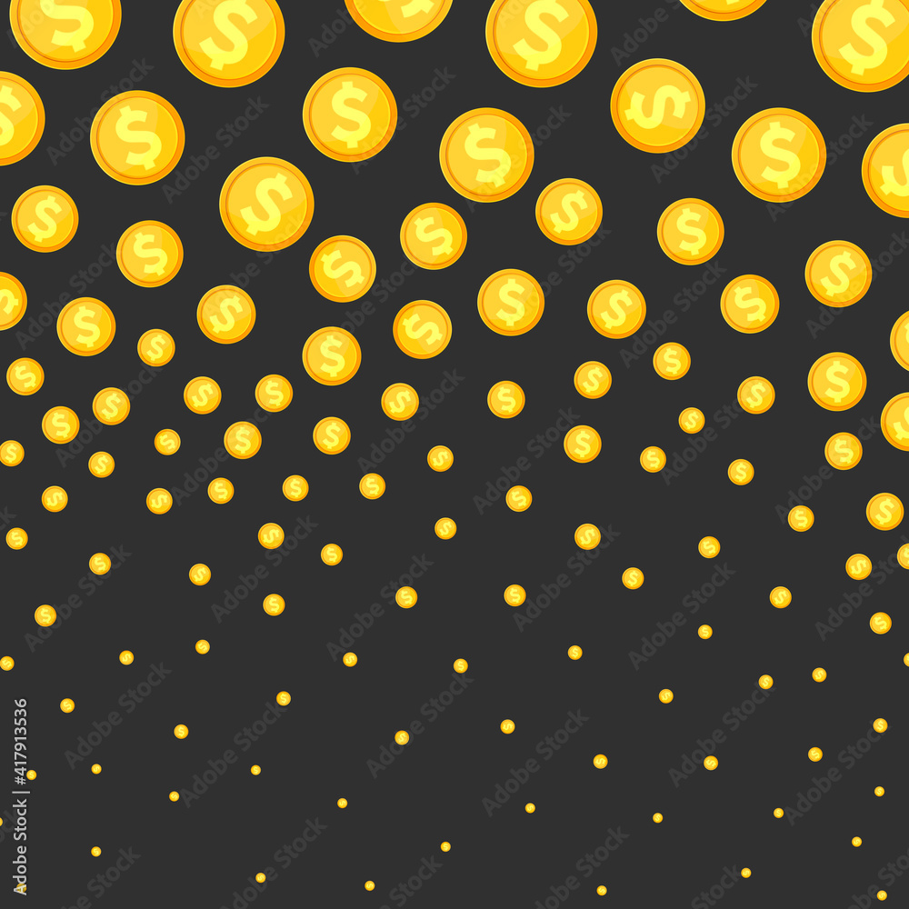 Abstract background with gold coins. Shopping banner with flying coins. Shop poster design template, landing page for online store, vector illustration Abstract background with gold coins. Shopping banner with flying coins. Shop poster design template, landing page for online store, vector illustration