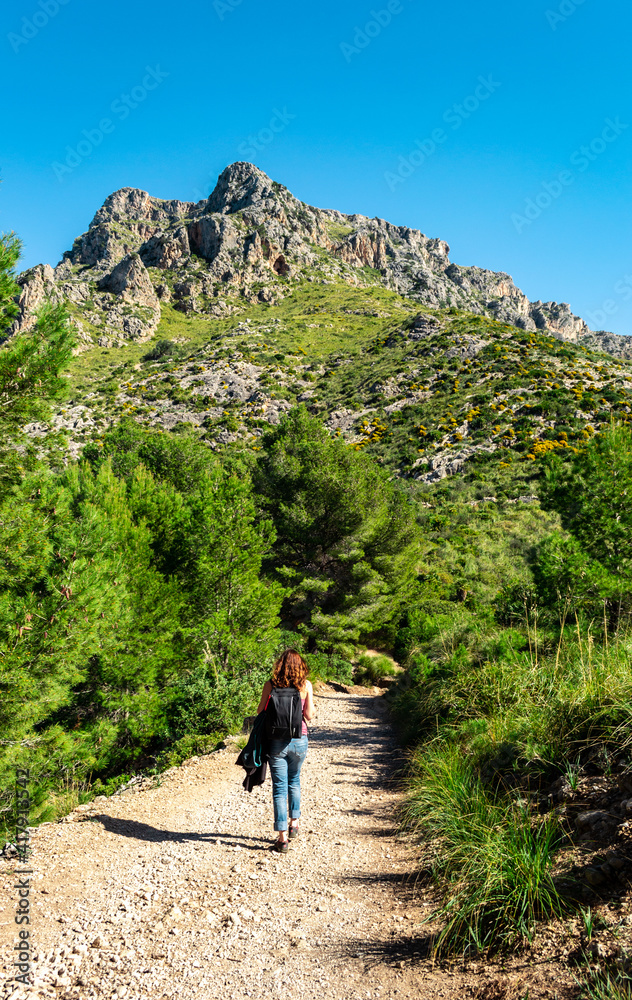 A young girl walking hiking on a path on a beautiful mediterranean forest along the coast of balearic island of Mallorca with the mountains at the background