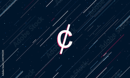 Large white cent symbol framed in red in the center. The effect of flying through the stars. Seamless vector illustration on a dark blue background with stars and slanted lines