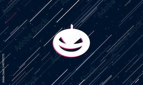Large white halloween pumpkin symbol framed in red in the center. The effect of flying through the stars. Seamless vector illustration on a dark blue background with stars and slanted lines