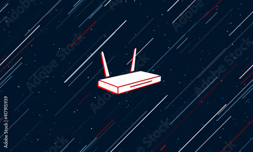 Large white router symbol framed in red in the center. The effect of flying through the stars. Seamless vector illustration on a dark blue background with stars and slanted lines