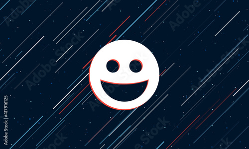 Large white laughter smiley symbol framed in red in the center. The effect of flying through the stars. Seamless vector illustration on a dark blue background with stars and slanted lines