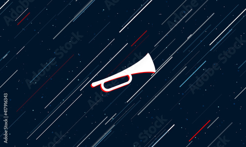 Large white trumpet symbol framed in red in the center. The effect of flying through the stars. Seamless vector illustration on a dark blue background with stars and slanted lines