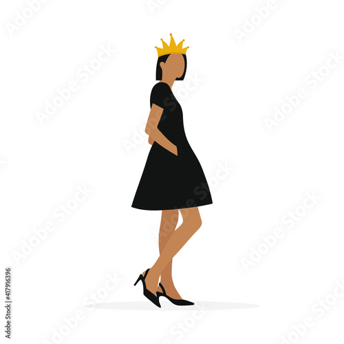 Young female character in a black dress and with a crown on her head stands on a white background