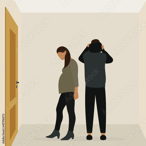 Male character standing with his back and pregnant female character in room with door