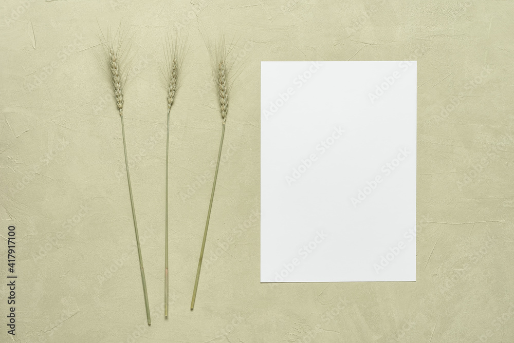 Blank paper card mockup with ears of wheat on a beige plaster background. Invitation template. Top view, flat lay. Blank paper card mockup with ears of wheat on a beige plaster background. Invitation template. Top view, flat lay.