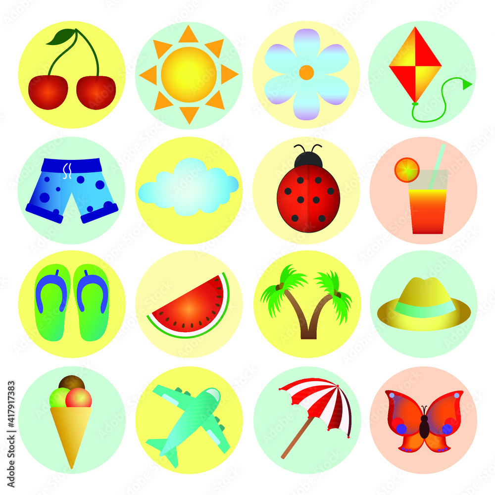 vector set of painted bright icons on the theme of summer 