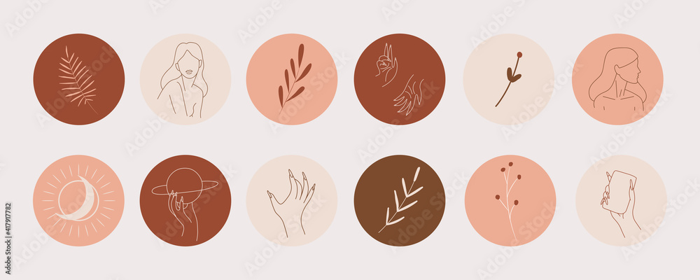 abstract portrait of a woman, beautiful fashionable minimalism in nude shades. logo for social media stories. blogger badges