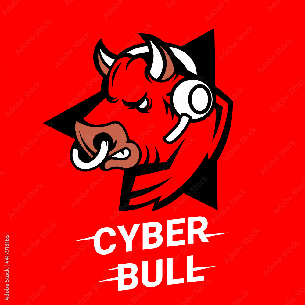 Vector bull head with headphones logo on red background. Stock Vector