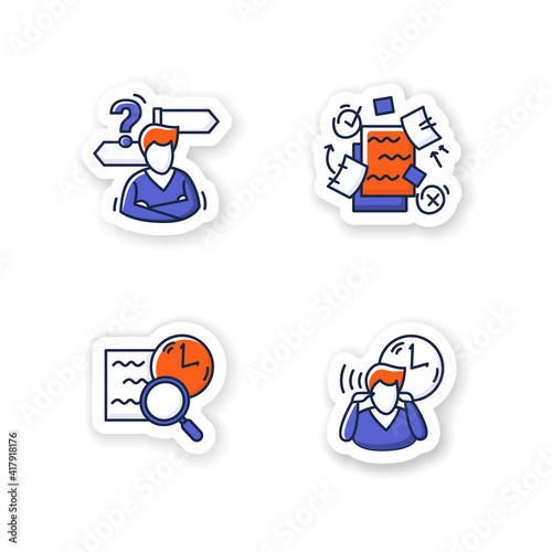 Focus mind stickers.Collection for attention control, task and goal setting, mindfulness exercise and searching of decisions badge for designs. Vector emblems