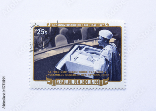 Guinea Republic Postage Stamp. 30th Anniversary of Democratic Party of Guinea, serie, circa 1977 sekou toure  speaking UN photo