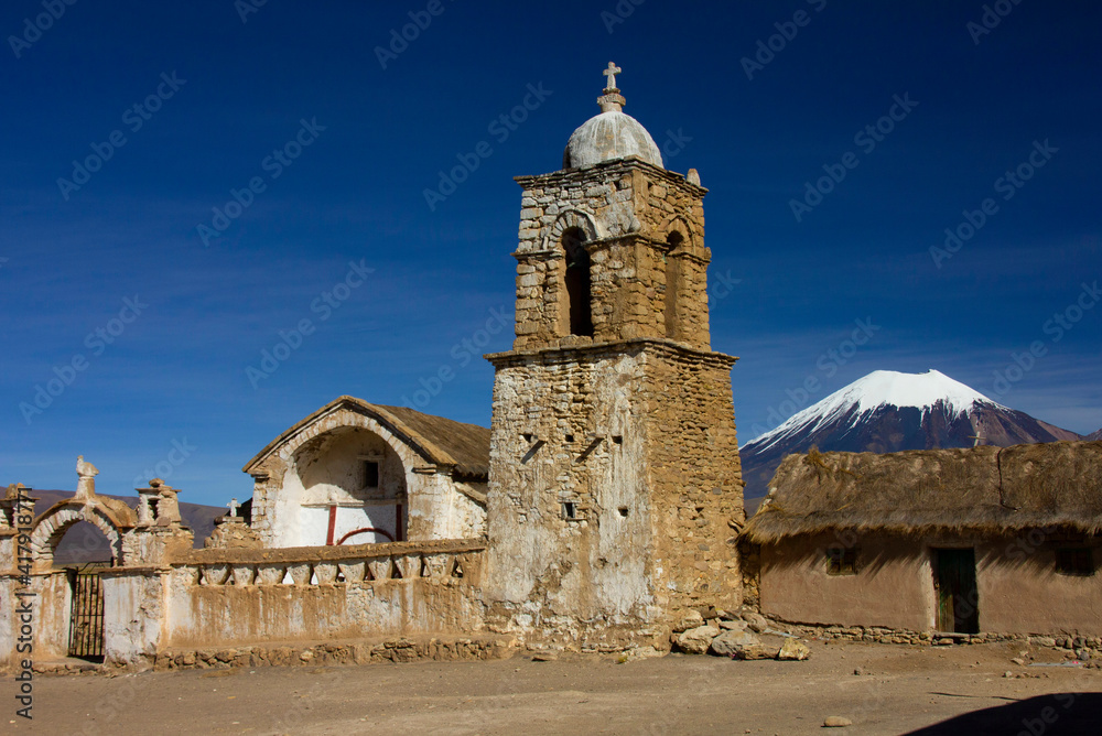Stone church in village of Sajama. Sajama, Bolivian Altiplano