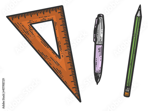 A set of stationery, pen, pencil and triangular ruler color. Sketch scratch board imitation.