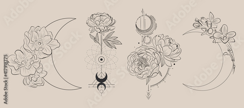 flowers and the moon in line style for tattoo, minimalist design cosmetics store, jewelry handmade, beauty salon, spa, print on clothes, delicate nude color