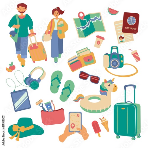 Set of travel vacation items isolated on white background Flat illustration