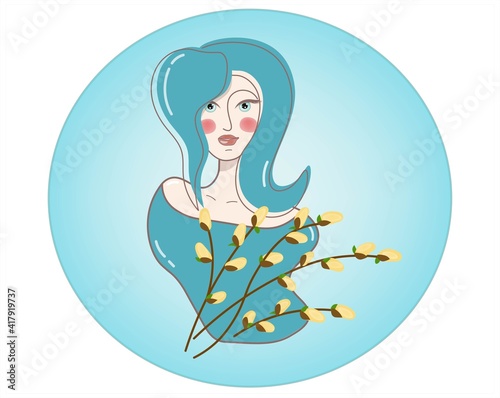 Stylish portrait of cute and confident women. Button with the image of a girl with a pussy willow branch. Emblem. Vector illustration in blue colors.