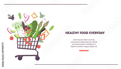 Web banner template for healthy food delivery with fresh vegetables in shopping trolley cart, flat vector illustration. Online food shop and delivery of healthy farm food.