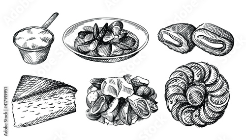 Hand drawn sketch set of French cuisine. French Julienne Chicken and Mushroom 