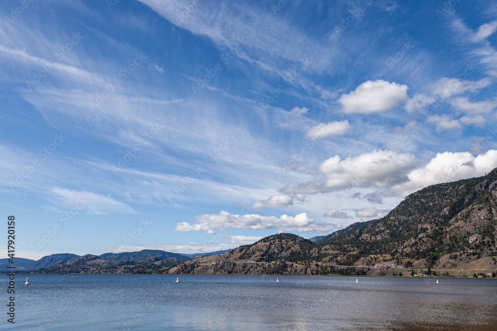 Panoramic view of summer landscape in the British Columbia with clear mountain lake background
