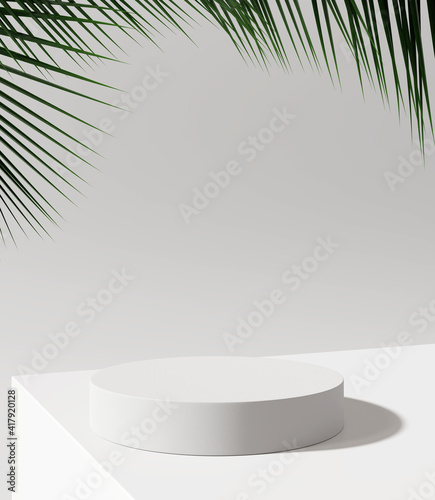 White product display podium with nature leaves. 3D rendering 