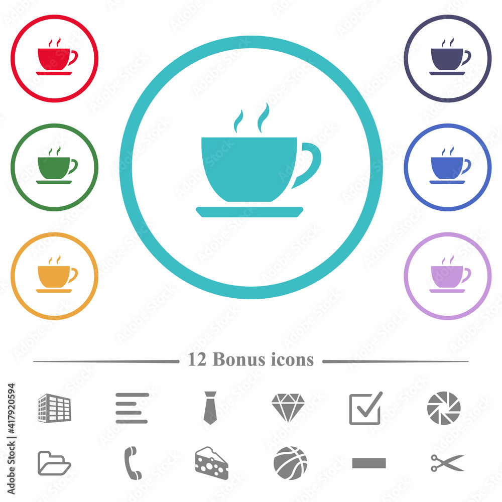 Cup of coffee flat color icons in circle shape outlines