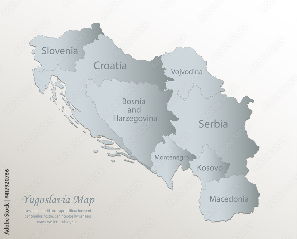 Yugoslavia map, administrative division with names, white blue card paper 3D vector