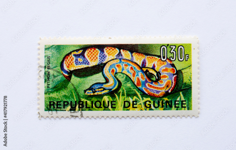  Guinea Republic Postage Stamp. circa 1967. reptilies stamp series. ball phyton