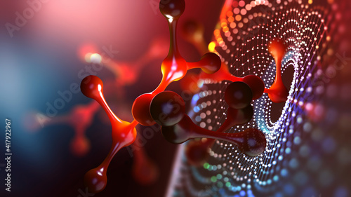 Molecule 3D illustration. Laboratory, molecules, crystal lattice. Nanotech research in biochemistry, chemistry, biology, microbiology photo