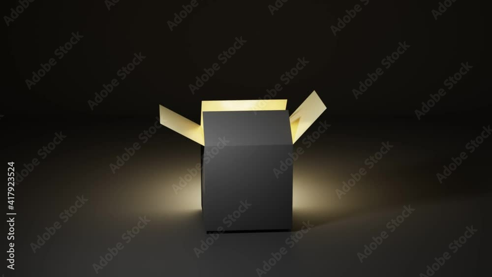 Opening magic box with golden glow and light inside. Surprise idea, secret gift on dark background, container for focus, Black Friday Sale, Christmas or Birthday present, black blank packaging mockup