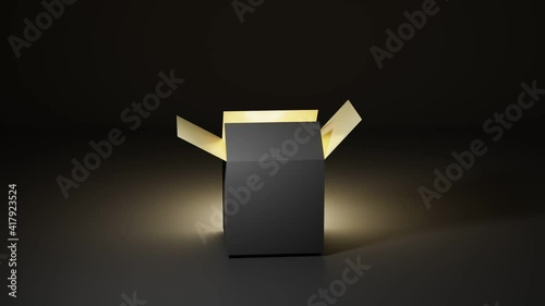 Opening magic box with golden glow and light inside. Surprise idea, secret gift on dark background, container for focus, Black Friday Sale, Christmas or Birthday present, black blank packaging mockup