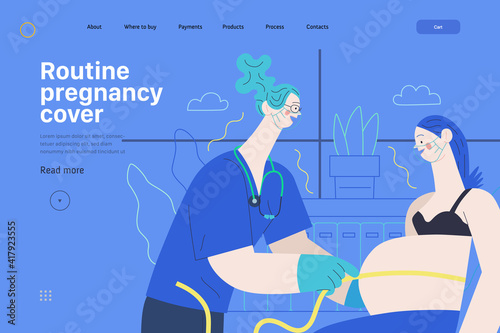 Medical insurance web page template -routine pregnancy cover -modern flat vector concept digital illustration - pregnant woman at obstetrician reception, tape measuring process, medical insurance plan