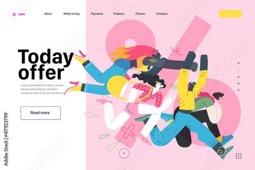 Discounts, sale, promotion, web template - modern flat vector concept illustration of people crowd running in the pursuit of the discounts, with a big percent sign on the background. Today offer