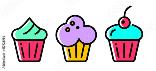 Bright vector cakes, cupcakes, holiday icons. Contour treats, flat graphics.