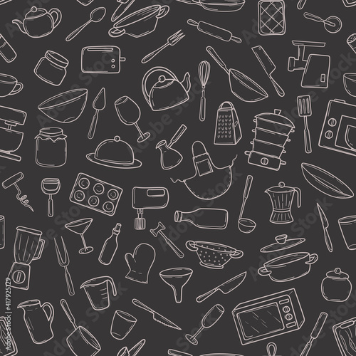 Seamless pattern  kitchen utensils in a hand-drawn doodle style on blackboard. Cooking tools household appliances, utensils, for textile print, wrapping paper, card. Vector illustration on dark