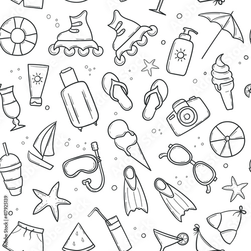 Seamless pattern of summer beach items in doodle style. Black and white things for vacation in hand drawn. Print for clothes, textile, wrapping paper. Vector illustration on white background.