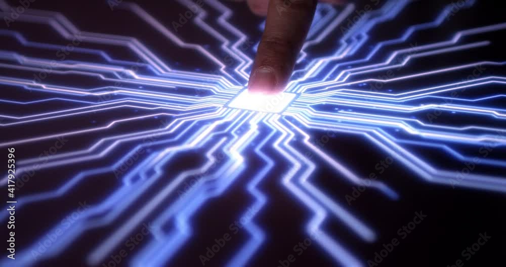 Human Finger Turns On Super Computer With Fingerprint Technology. Super AI Computers Integrating With Human Life. Human Finger Turns On Super Computer With Fingerprint Technology. Super AI Computers Integrating With Human Life.