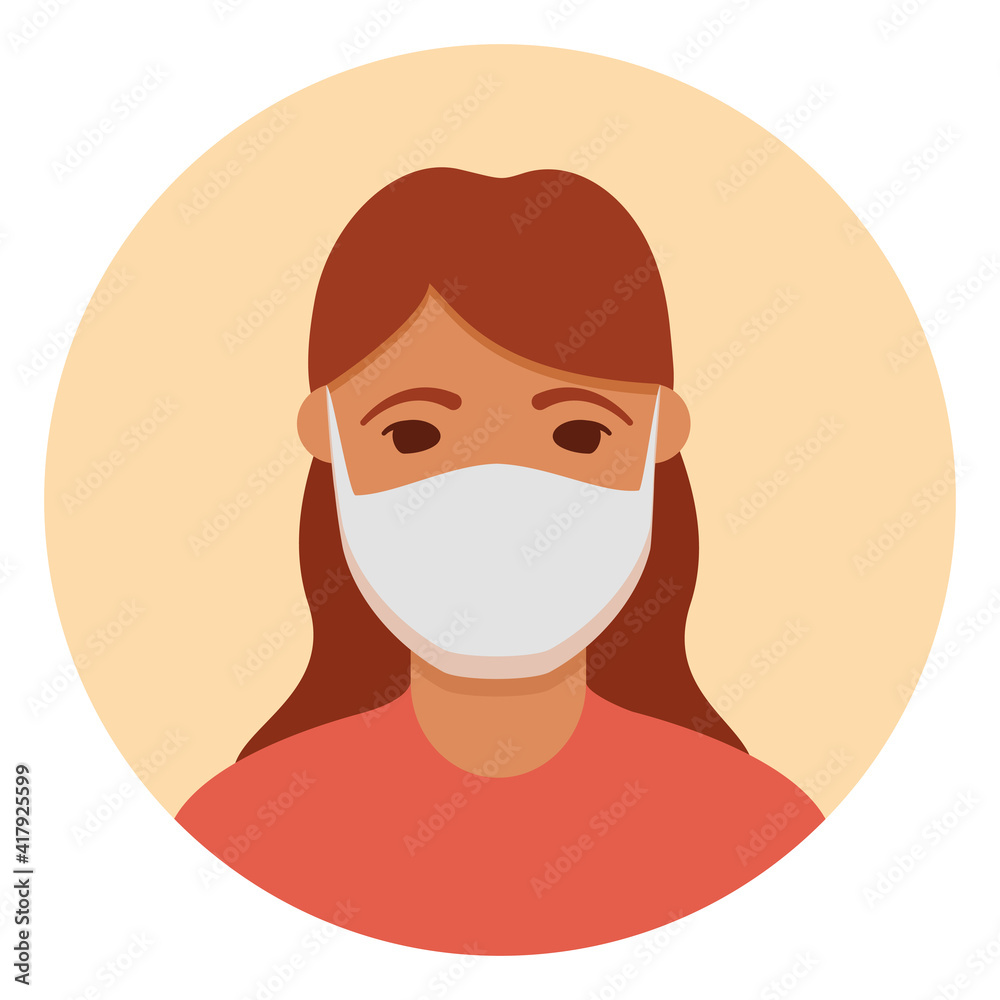 Woman in face mask to prevent coronavirus disease, flu, air pollution.Girl brown hair avatar. 
