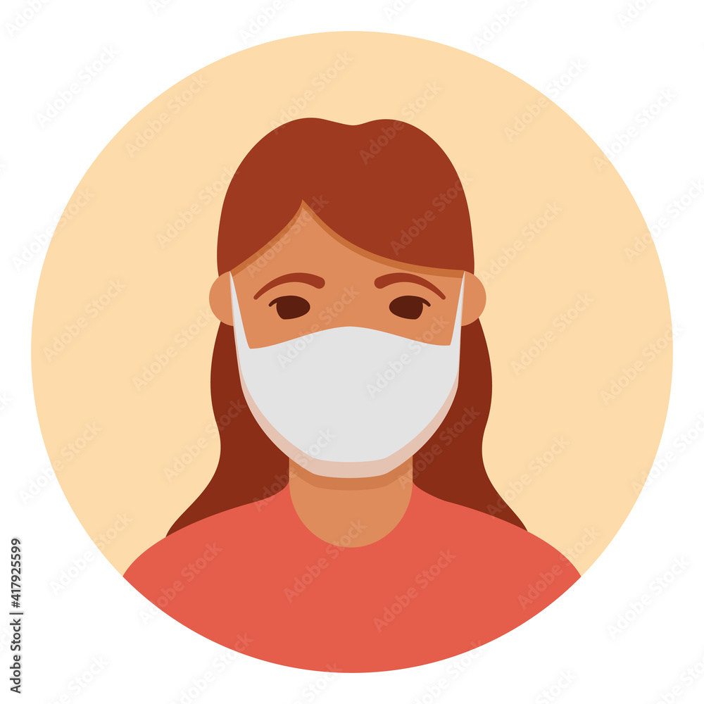 Woman in face mask to prevent coronavirus disease, flu, air pollution.Girl brown hair avatar. Woman in face mask to prevent coronavirus disease, flu, air pollution.Girl brown hair avatar.