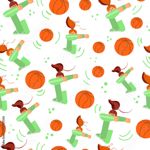 seamless pattern - girls doing dab gesture, victory, teamwork, sports, basketball
