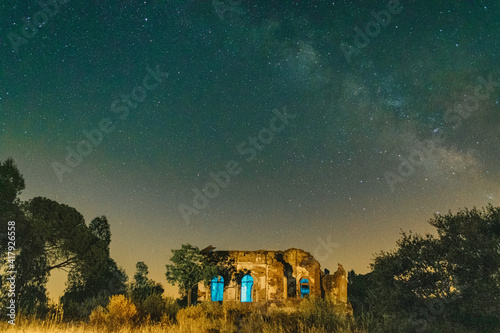 Abandoned, overgrown and decomposed inside an old manor house. star sky