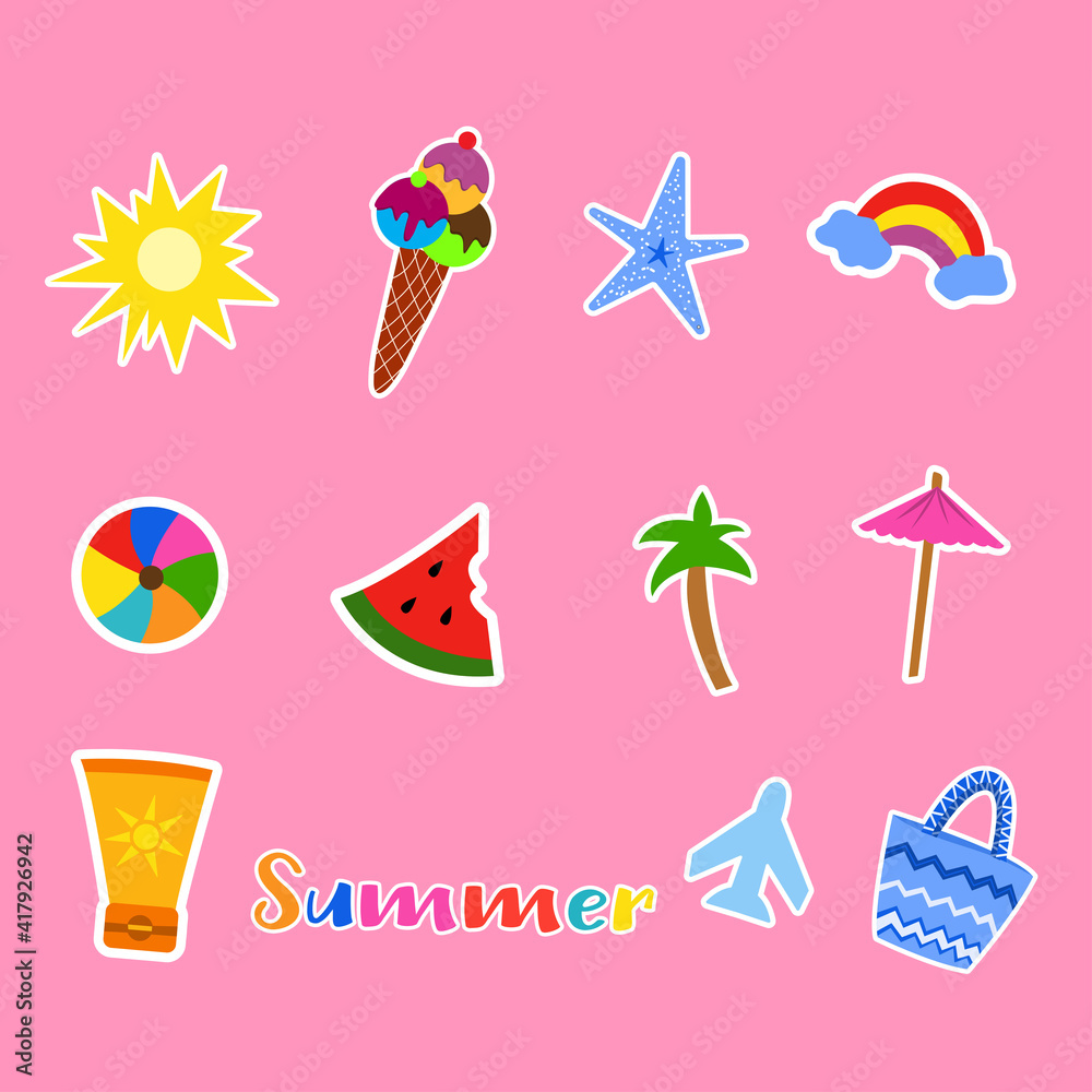 Naklejka premium Set of summer stickers for design. Vector illustration on pink background. Beach stickers starfish, ball, sunscreen, plane, ice cream, sun.