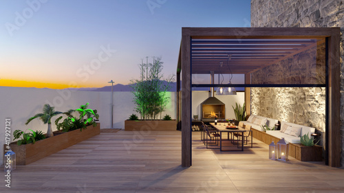 3D render of urban terrace with cozy fireplace at dawn.