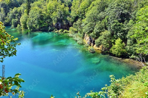 Breathtaking view in the Plitvice Lakes National Park. Turquoise transparent water in karst cascading lakes