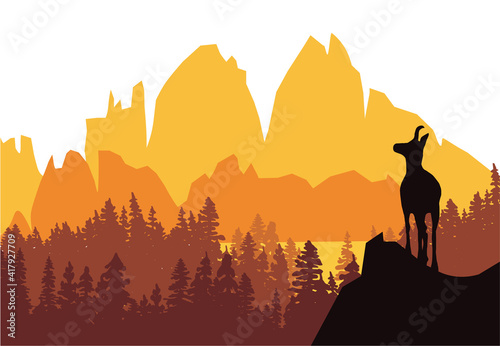 A chamois stands on top of a hill with mountains and forest in the background. Black silhouette with orange  yellow and brown background. Illustration.