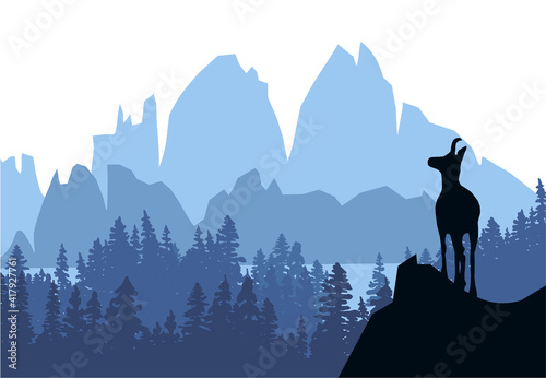A chamois stands on top of a hill with mountains and forest in the background. Black silhouette with blue background. Illustration.