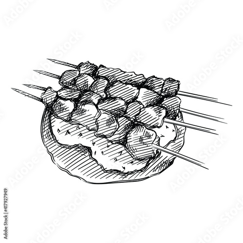 Hand drawn sketch of Greek Chicken Souvlaki  on a white background. Greek cuisine. Food. Meals. 