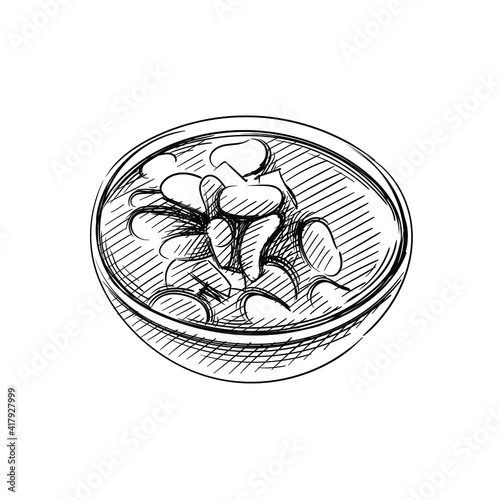 Hand drawn sketch of Greek Fasolata soup on a white background. Greek cuisine. Food. Meals. 