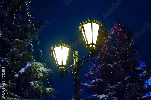 Street lights in vintage style. Trees decorated by garlands and covered by snow are on background